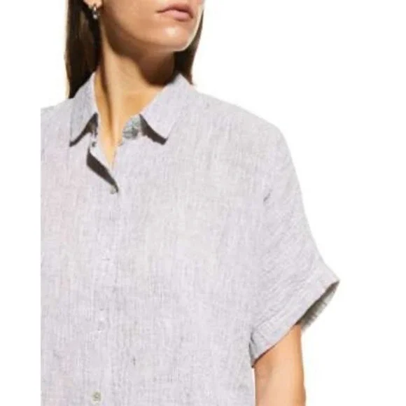 Eileen Fisher Grey Grid Check Linen Short Sleeve Button Down Shirt Size Large - Picture 2 of 10